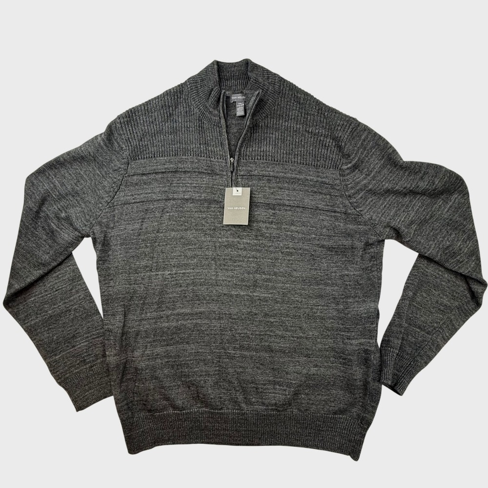 VAN HEUSEN Mens Sweater XXL Gray Quarter Zip‎ Long Sleeve Textured Knit